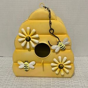 Yellow Beehive Birdhouse with Bees and Daisies